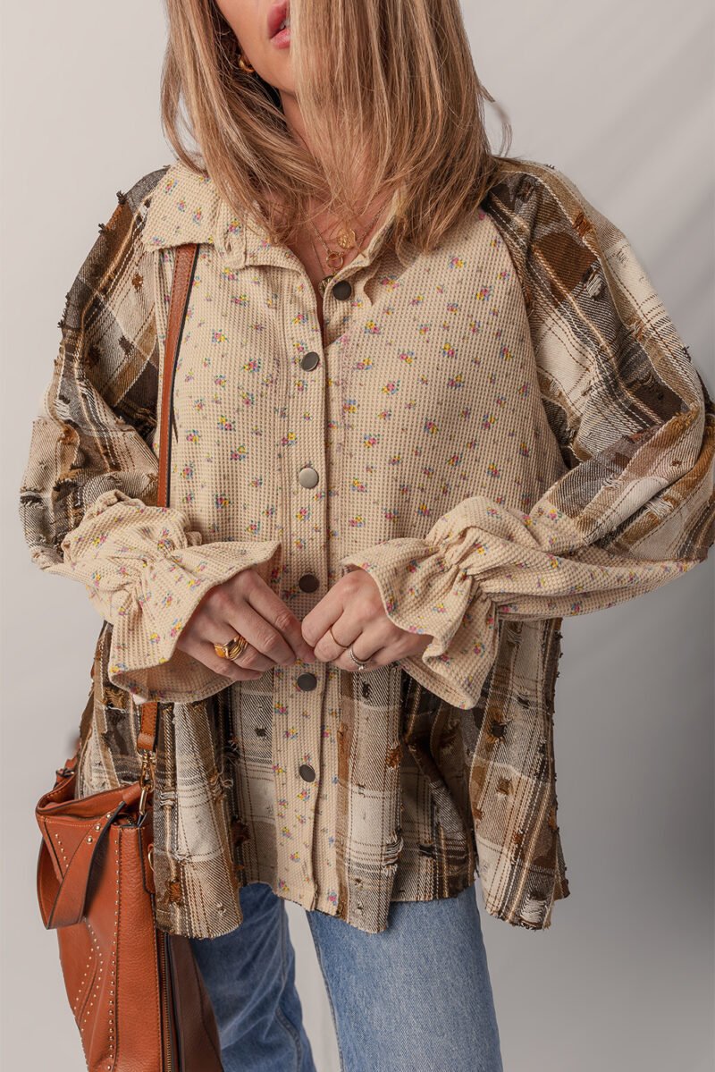 Oatmeal Plaid Waffle Knit Shacket - Image 3