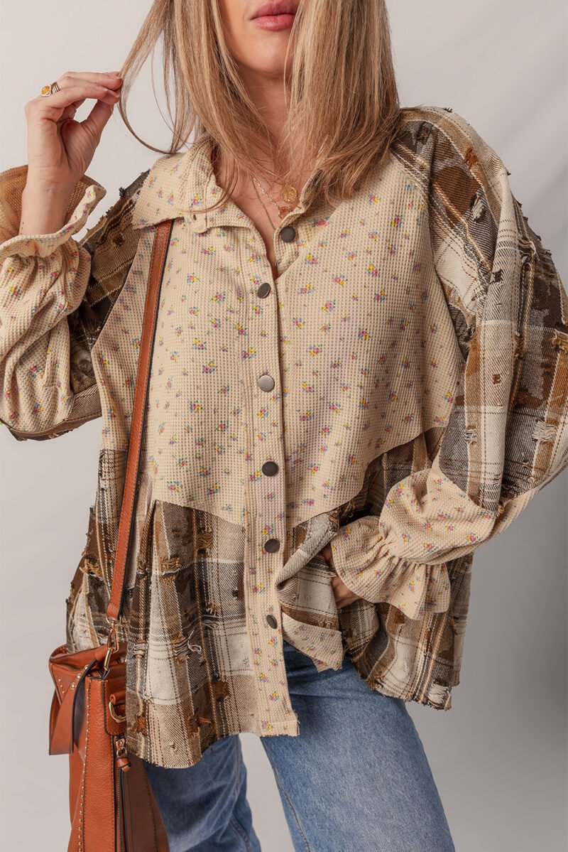Oatmeal Plaid Waffle Knit Shacket - Image 4