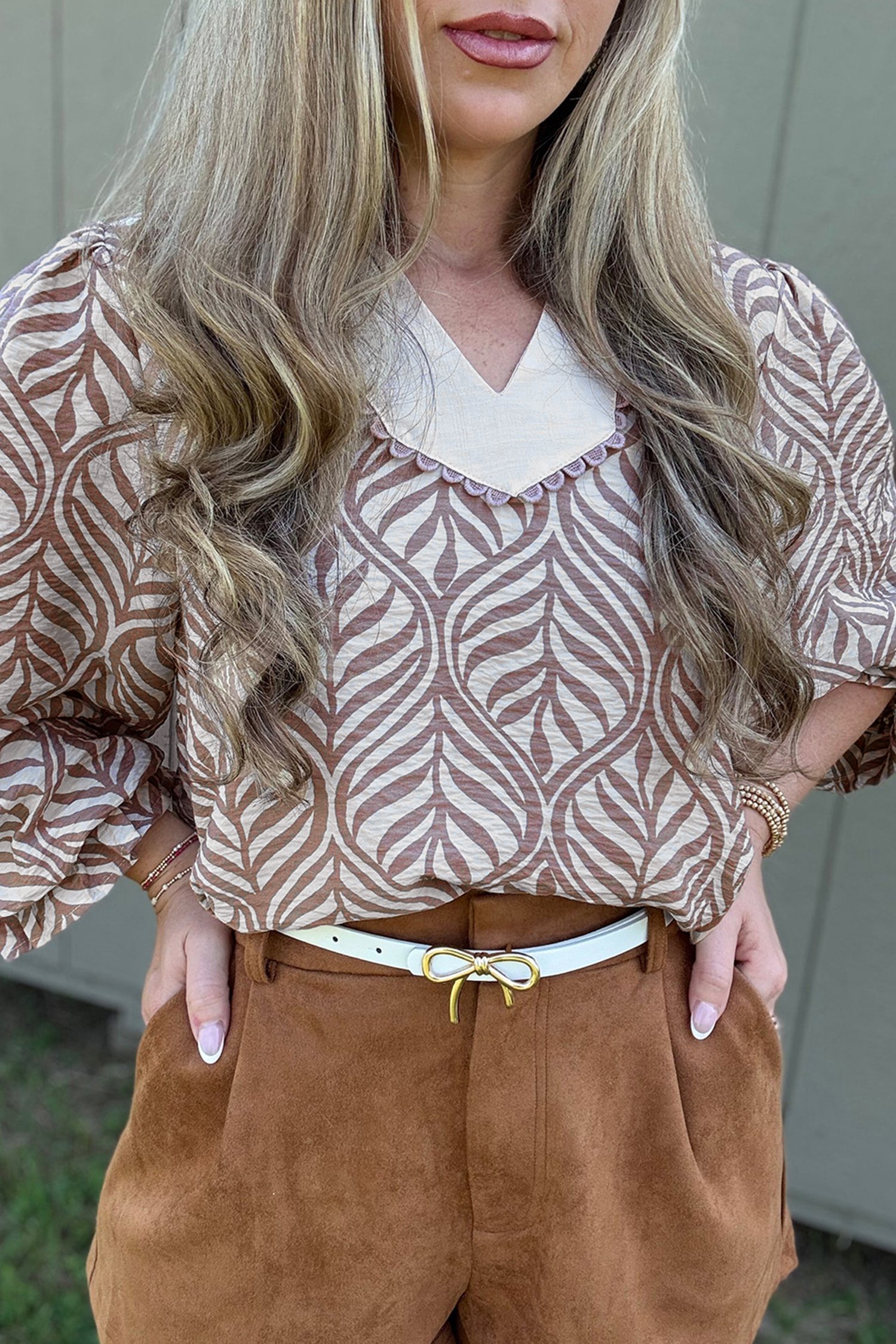 Brown Leaf Puff Sleeve Top