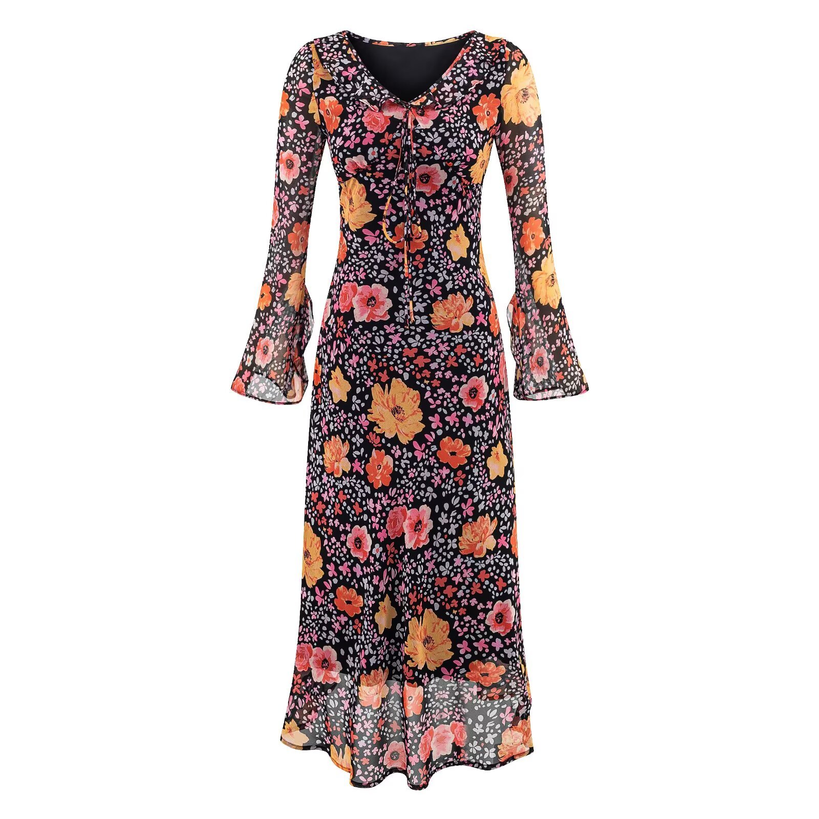Deep Floral Tea Midi Dress
