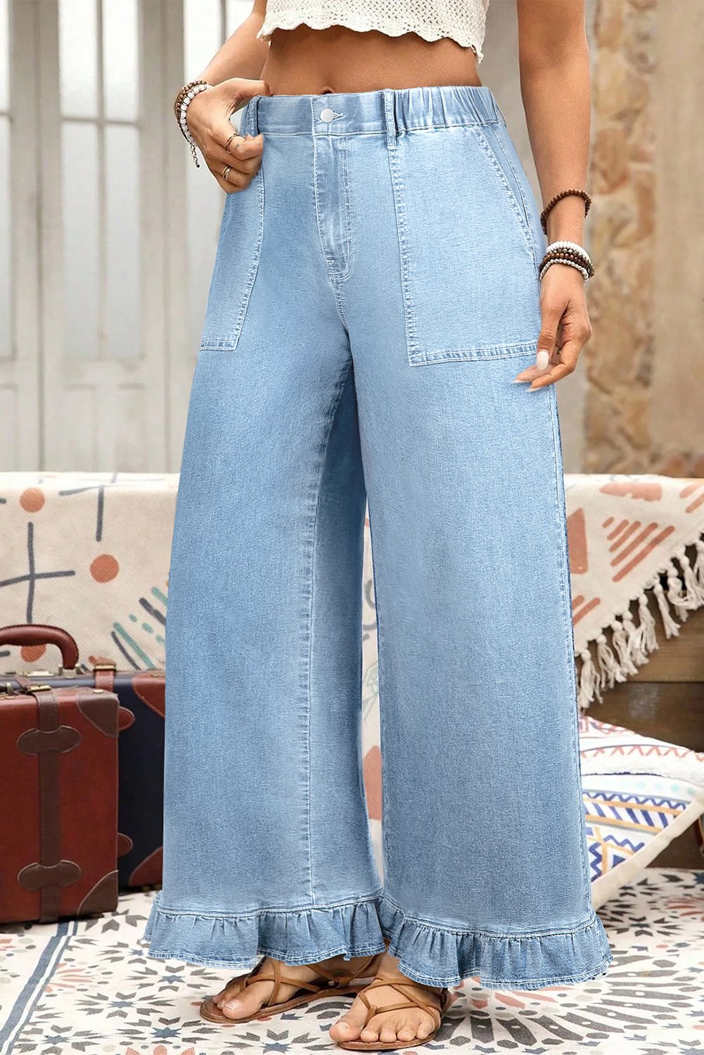 Ruffled Wide Leg Denim Pants - Image 24