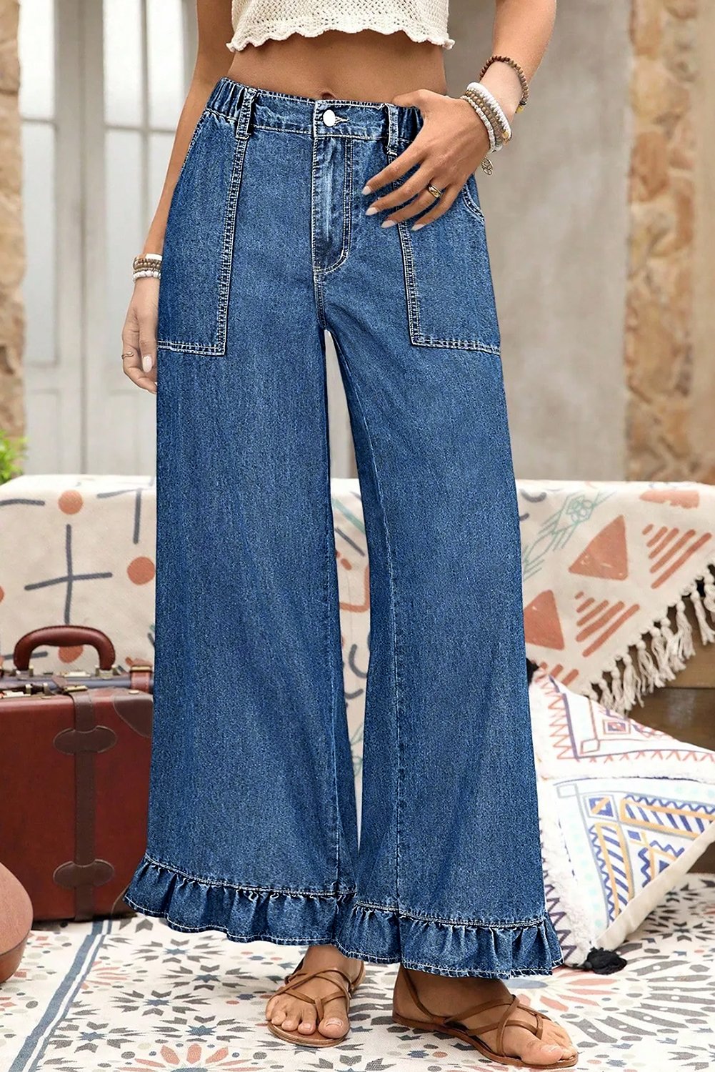 Ruffled Wide Leg Denim Pants