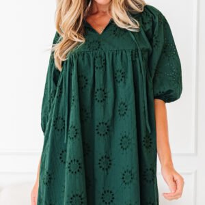 Emerald Eyelet Puffy Sleeve Dress