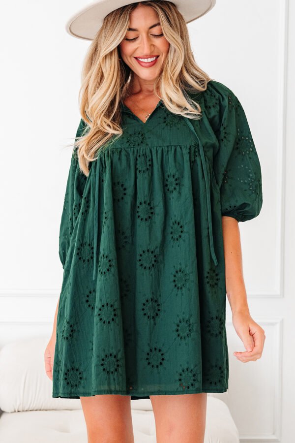 Emerald Eyelet Puffy Sleeve Dress