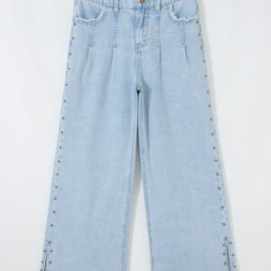 Beau Blue Studded Side Slit Leg Frayed Pocketed Wide Leg Jeans