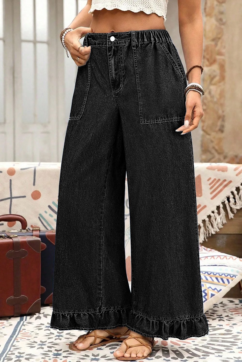 Ruffled Wide Leg Denim Pants - Image 27