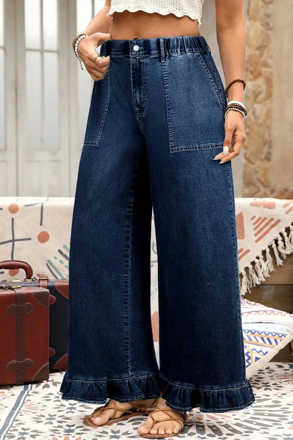 Ruffled Wide Leg Denim Pants - Image 23