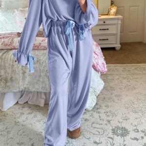 Beau Blue Flounce Long Sleeve Top Drawstring Pants Contrast Velvet Bow Knot 2pcs Lounge Set