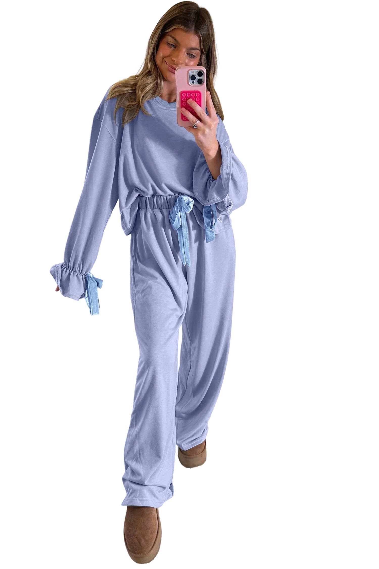 Beau Blue Flounce Long Sleeve Top Drawstring Pants Contrast Velvet Bow Knot 2pcs Lounge Set - Image 5