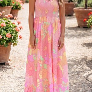 Pink Spaghetti Straps Floral Shirred High Waist Dress