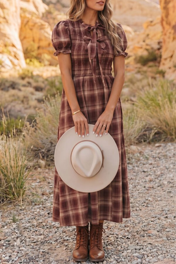 Red Plaid Knot Midi Dress