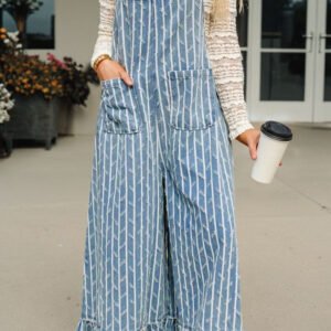 Ruffled Wide Leg Denim Overalls
