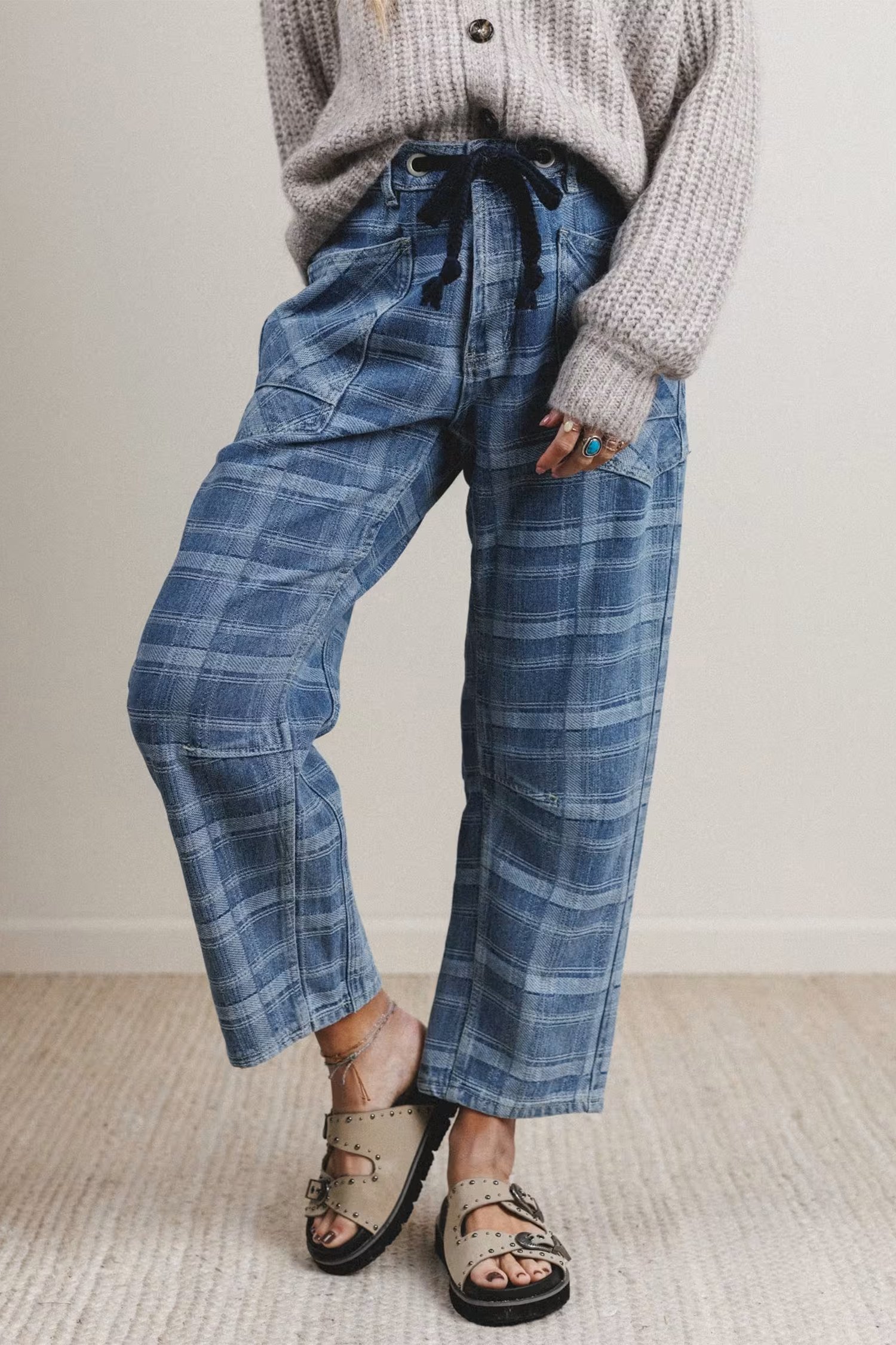 Plaid Denim Drawstring Jeans - Image 5