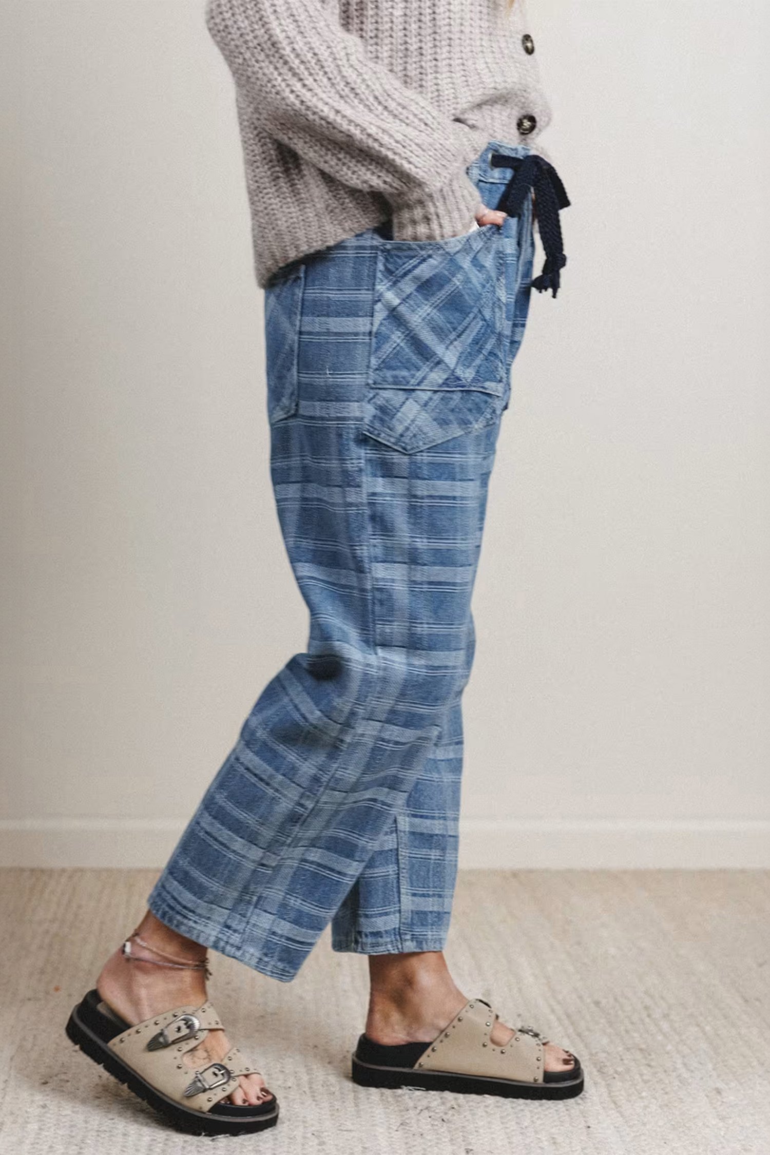 Plaid Denim Drawstring Jeans - Image 2