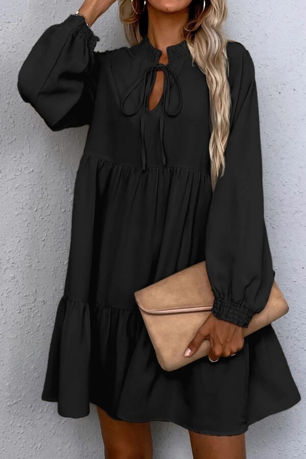 Black Smocked Ruffle Hem Dress