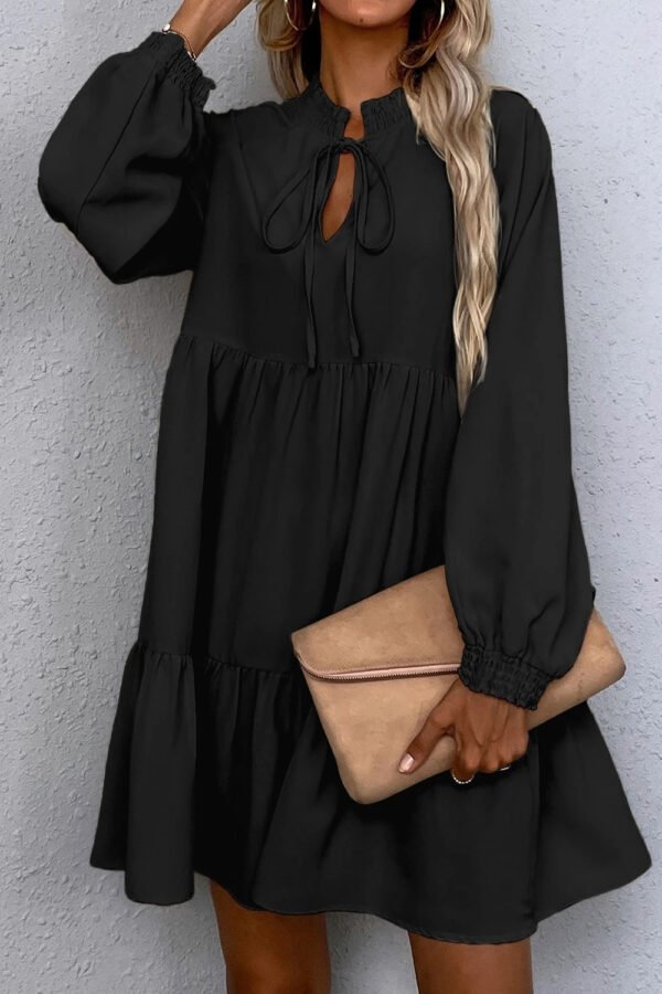 Black Smocked Ruffle Hem Dress