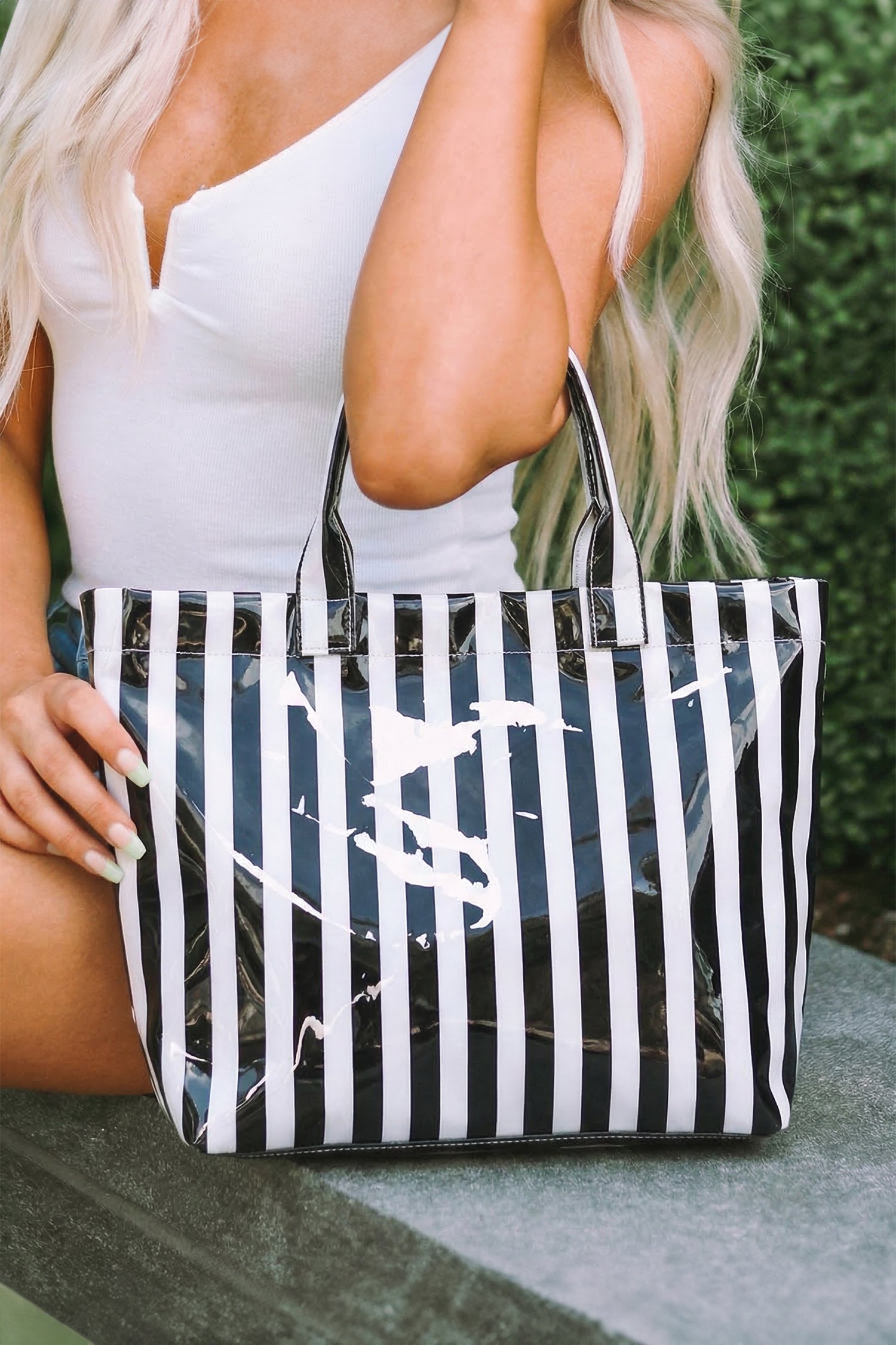 Glossy Striped Vinyl Tote Bag - Image 28