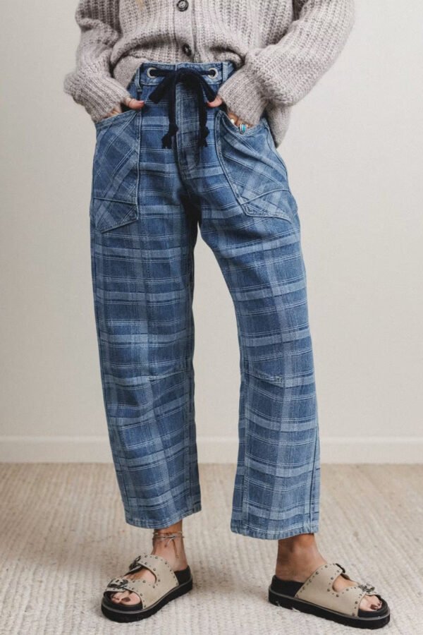 Plaid Denim Drawstring Jeans
