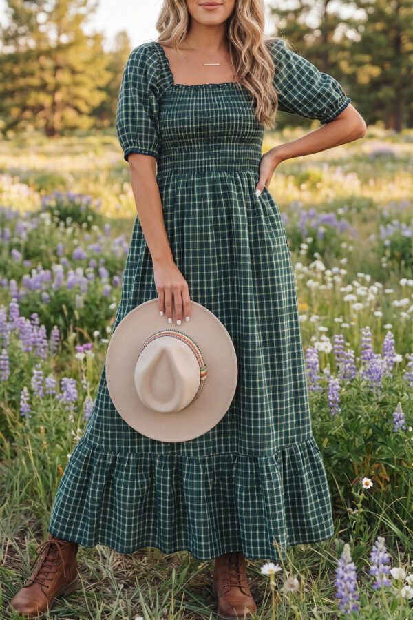 Green Plaid Ruffle Hem Dress