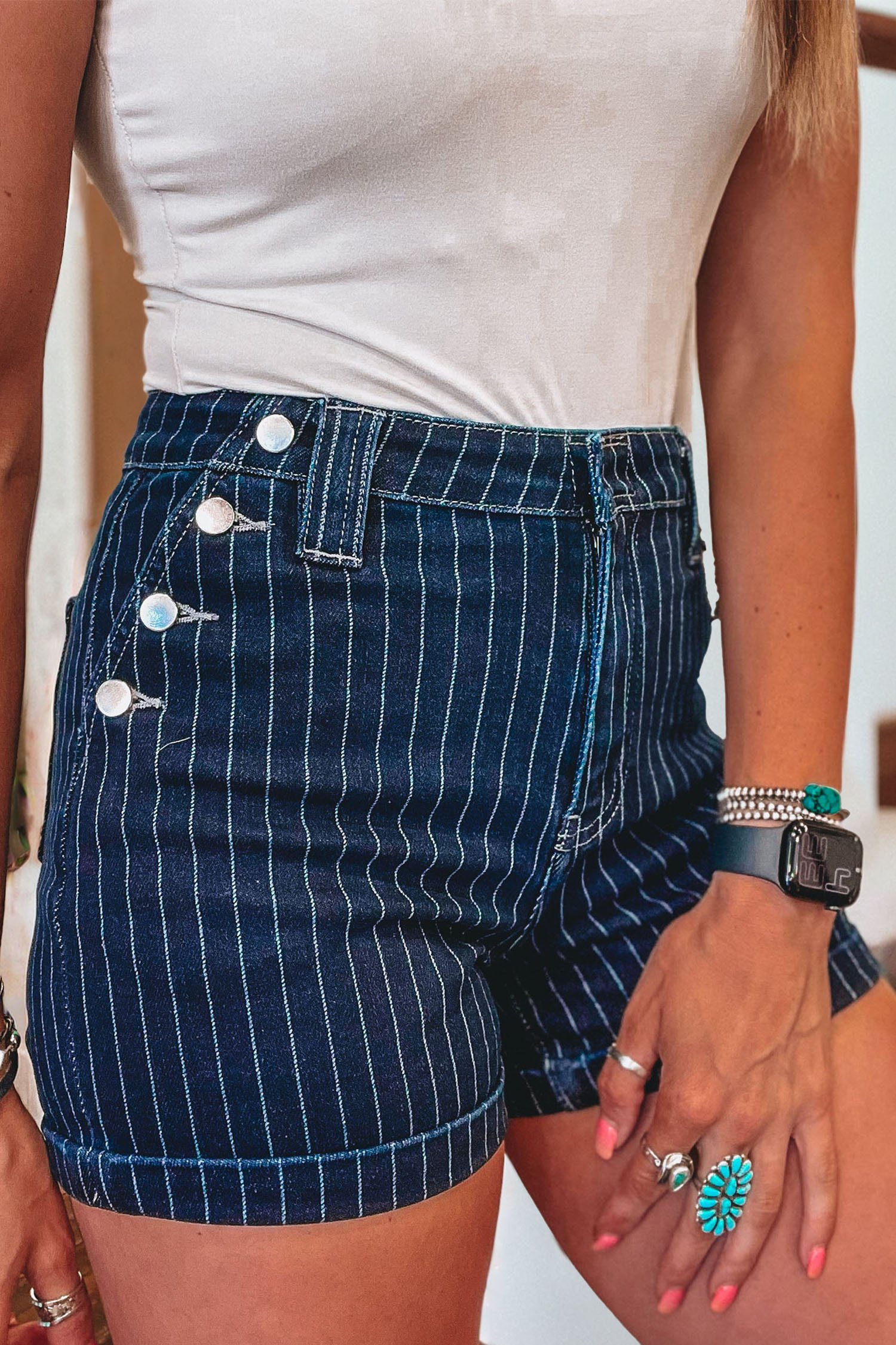 Blue Stripe Denim Shorts - Image 3
