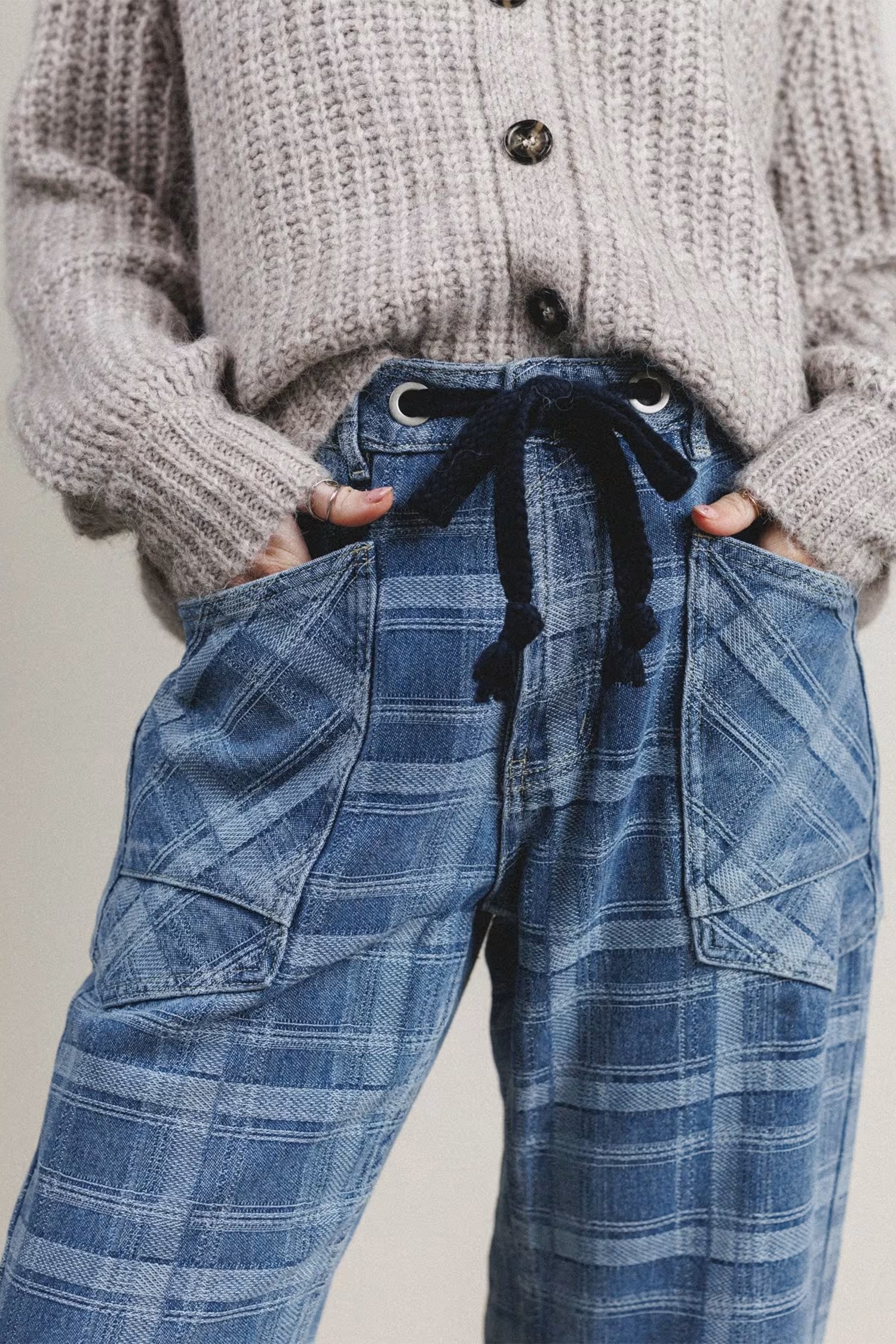 Plaid Denim Drawstring Jeans - Image 4