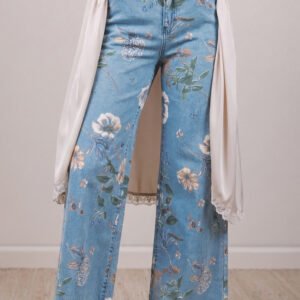 Floral Print Frayed Hem Jeans