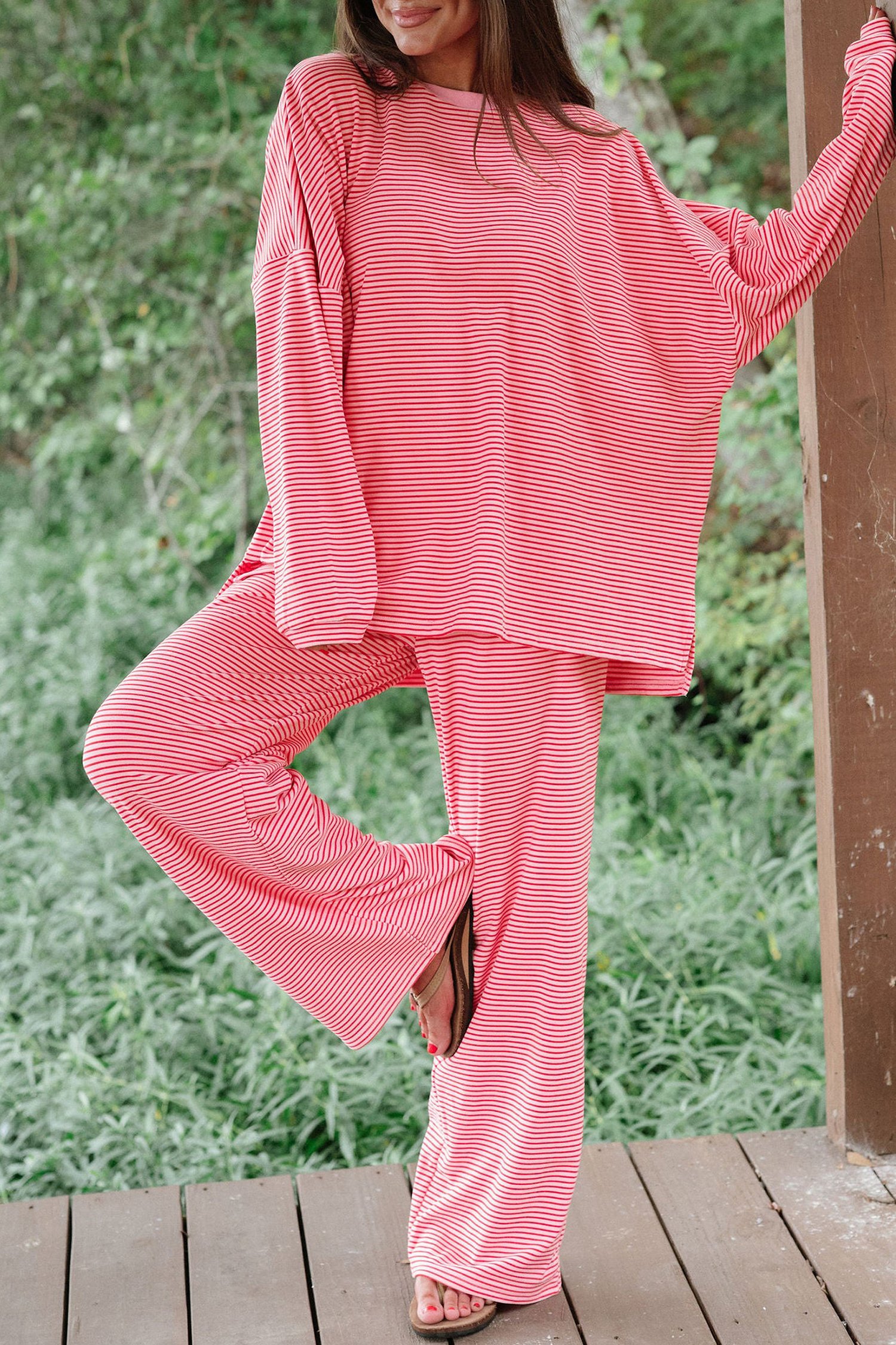 Pink Striped Drop Shoulder Set