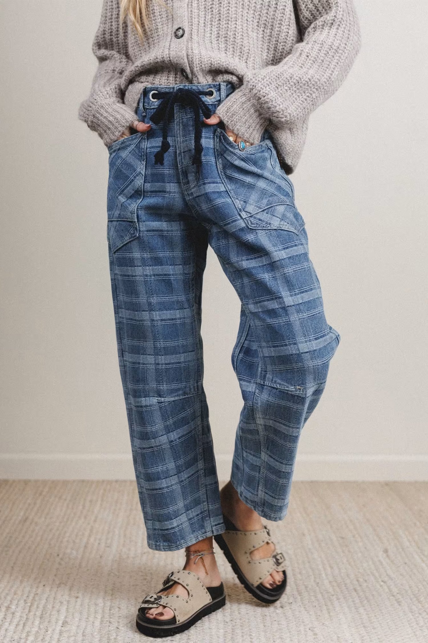 Plaid Denim Drawstring Jeans - Image 3