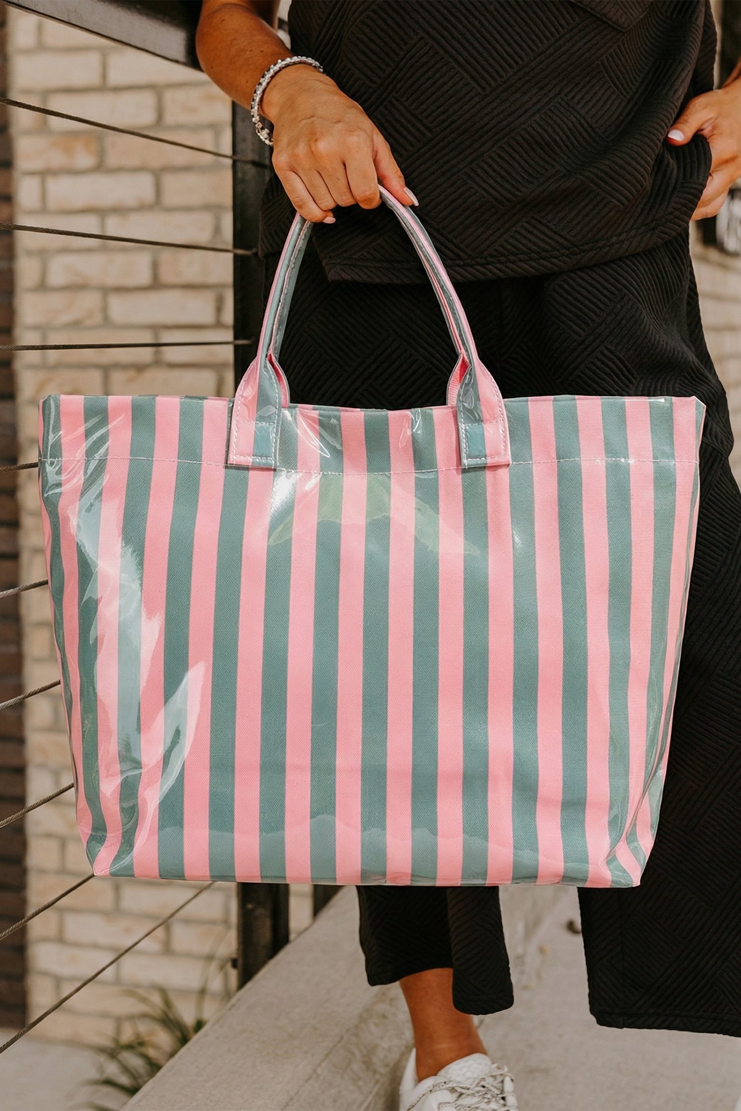 Glossy Striped Vinyl Tote Bag - Image 5