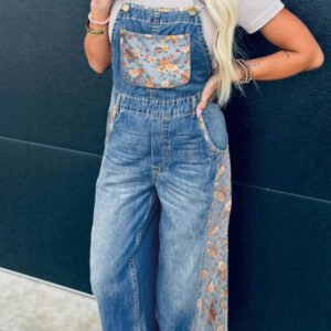 Patchwork Bib Denim Wide Leg Overalls