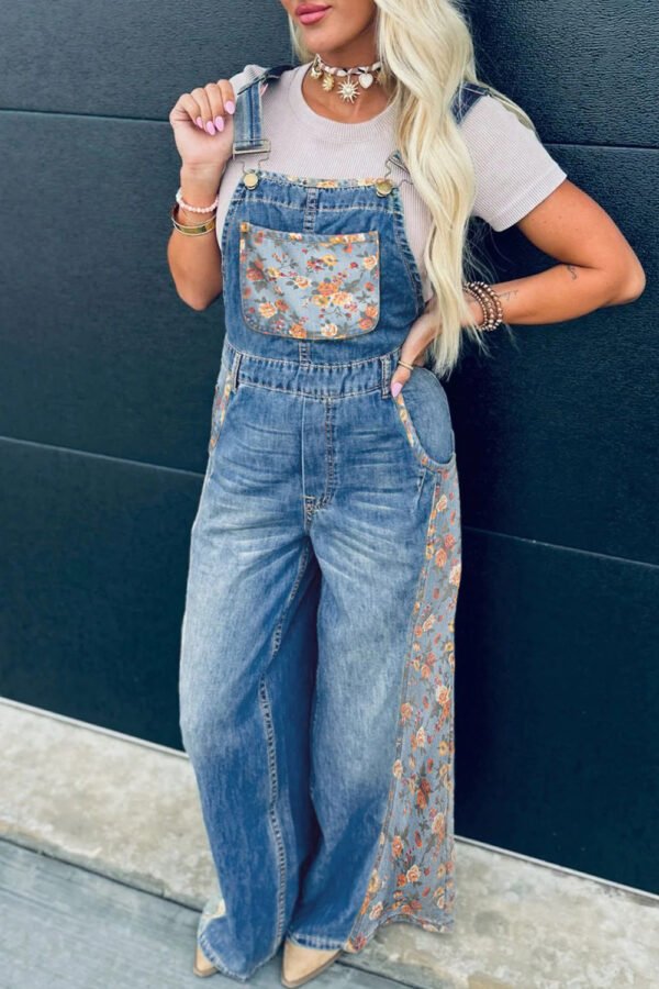 Patchwork Bib Denim Wide Leg Overalls