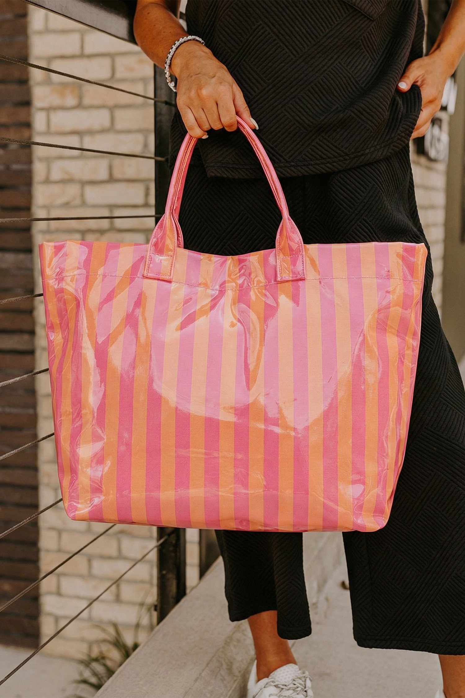 Glossy Striped Vinyl Tote Bag - Image 17