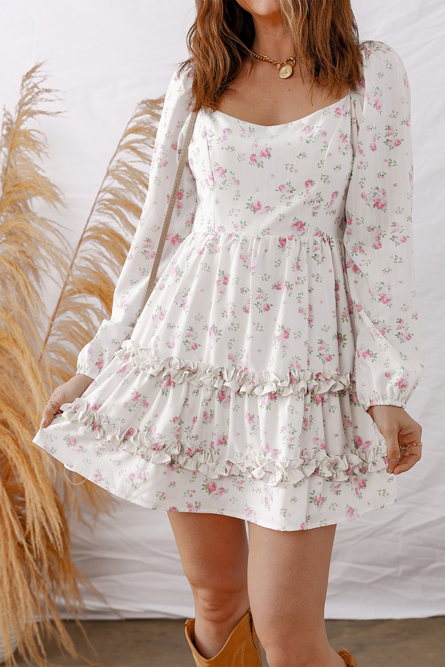 Pink Floral Flared Mini Dress - Image 7