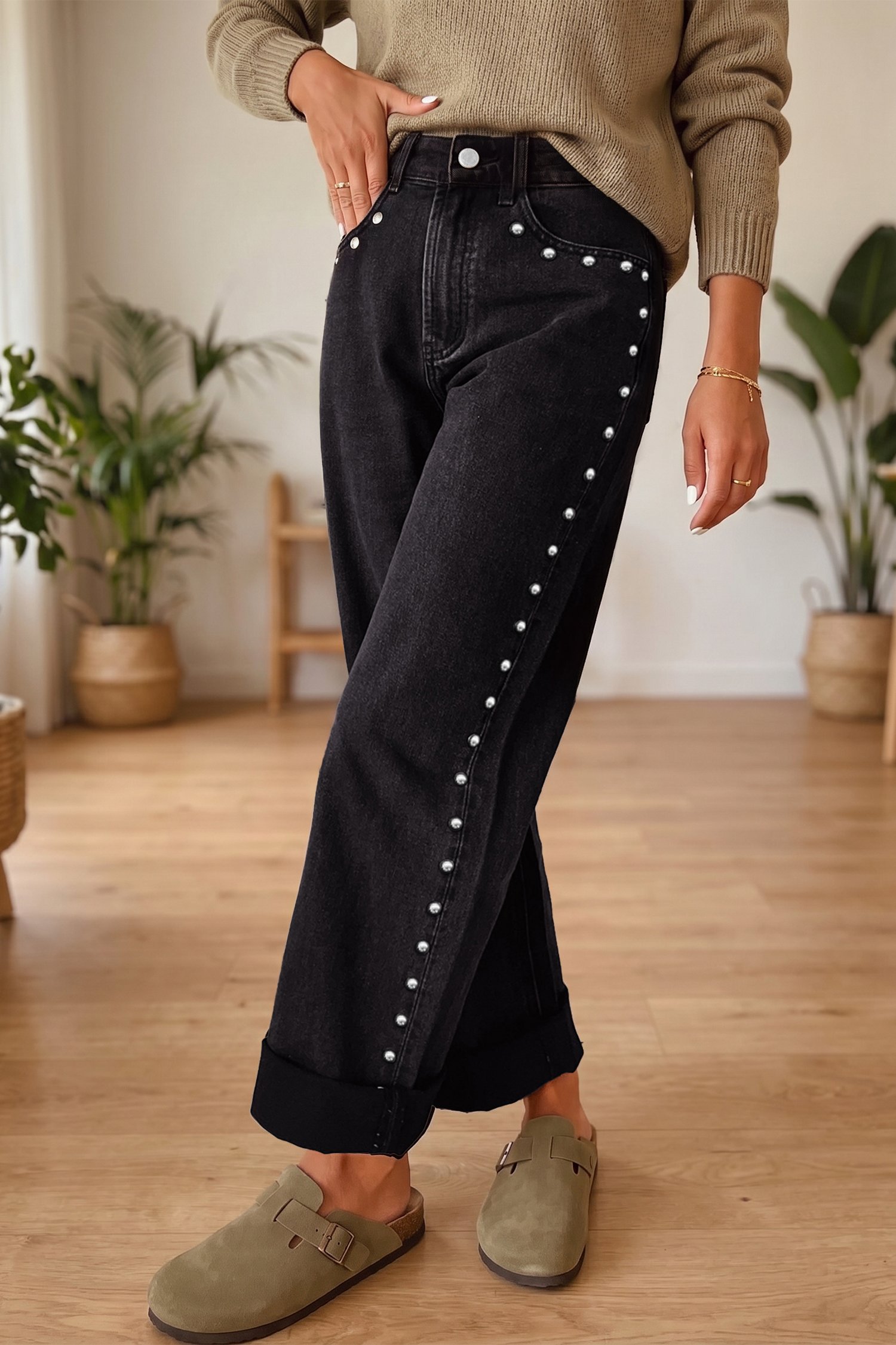 Black Studded Straight Leg Jeans - Image 4