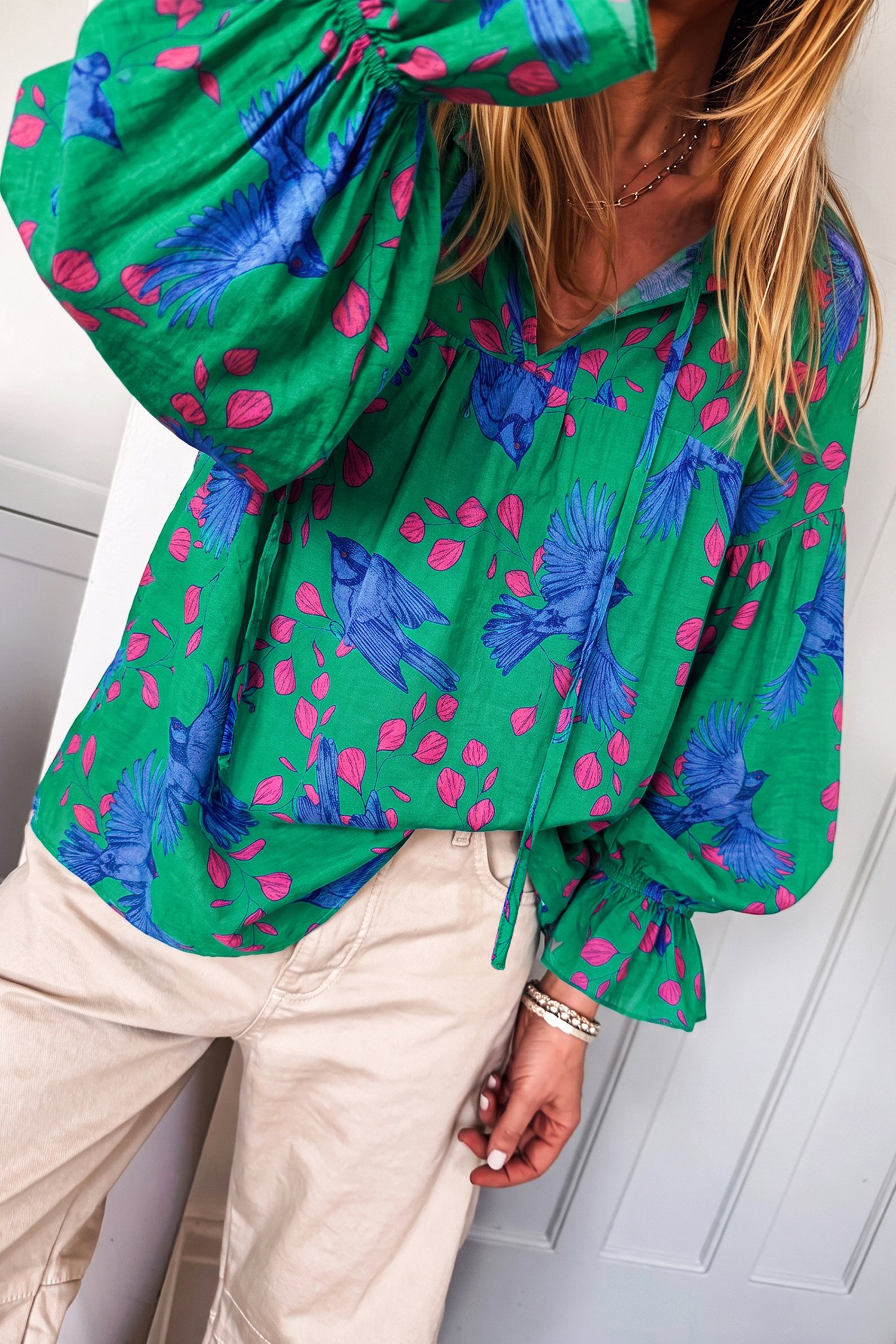 Green Abstract Puff Sleeve Blouse - Image 3