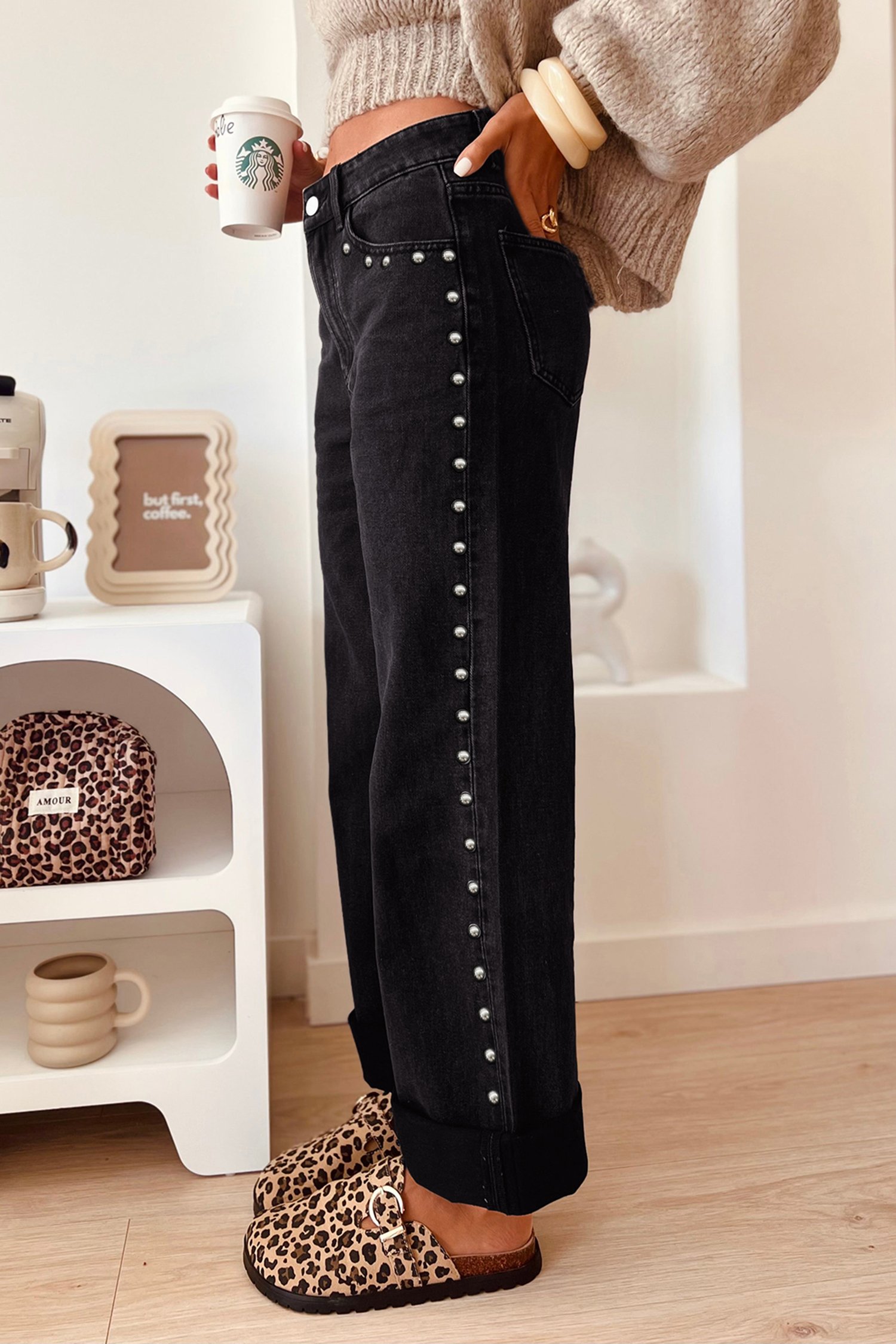 Black Studded Straight Leg Jeans - Image 2