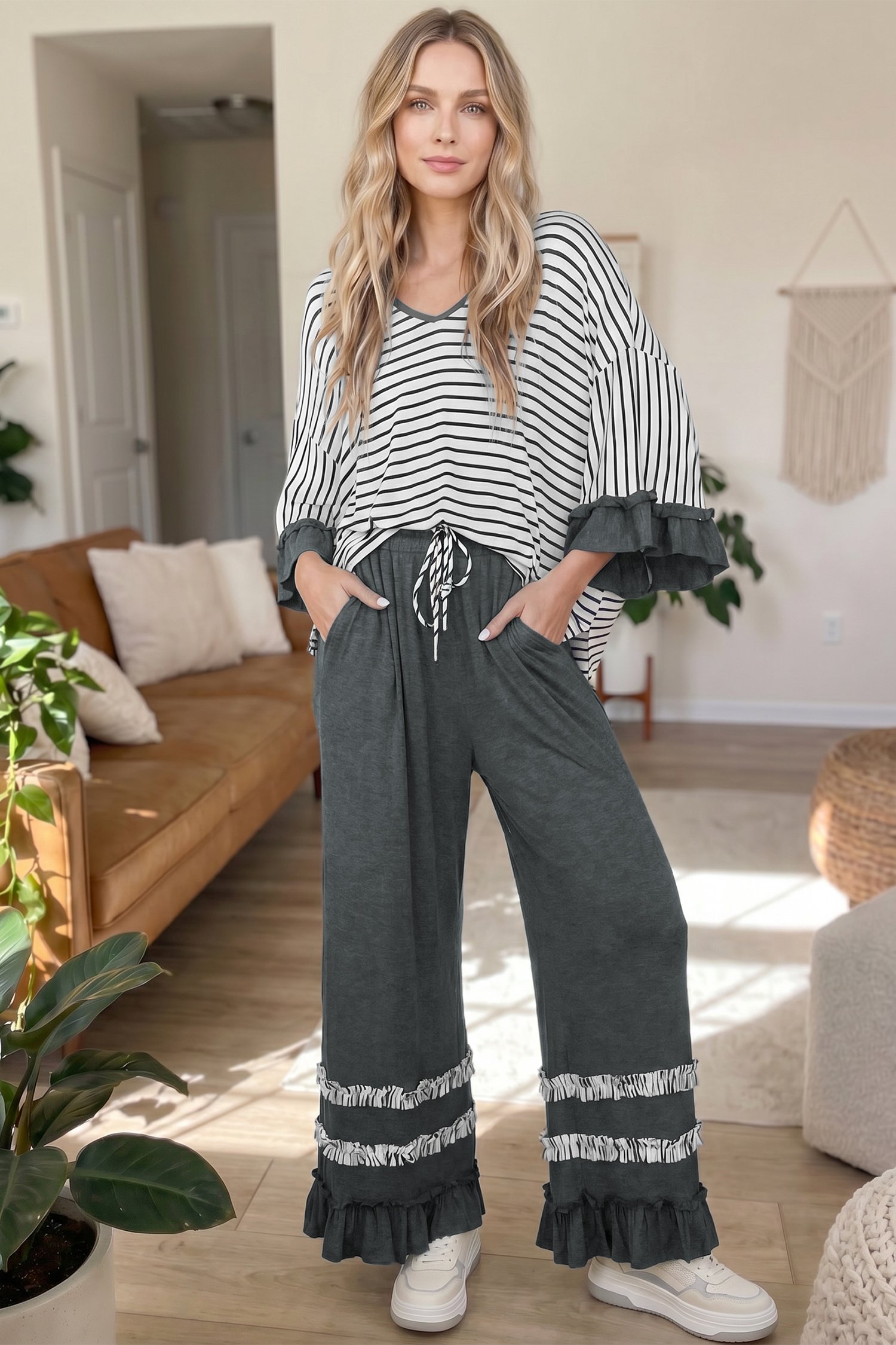 Khaki Stripe Pants 2pcs Set - Image 14