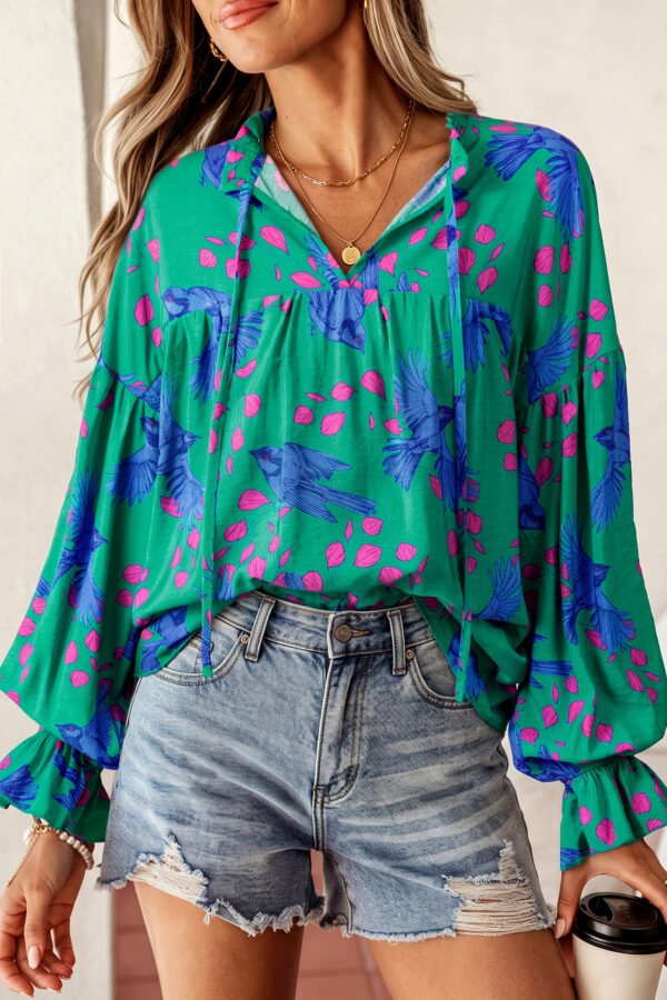 Green Abstract Puff Sleeve Blouse