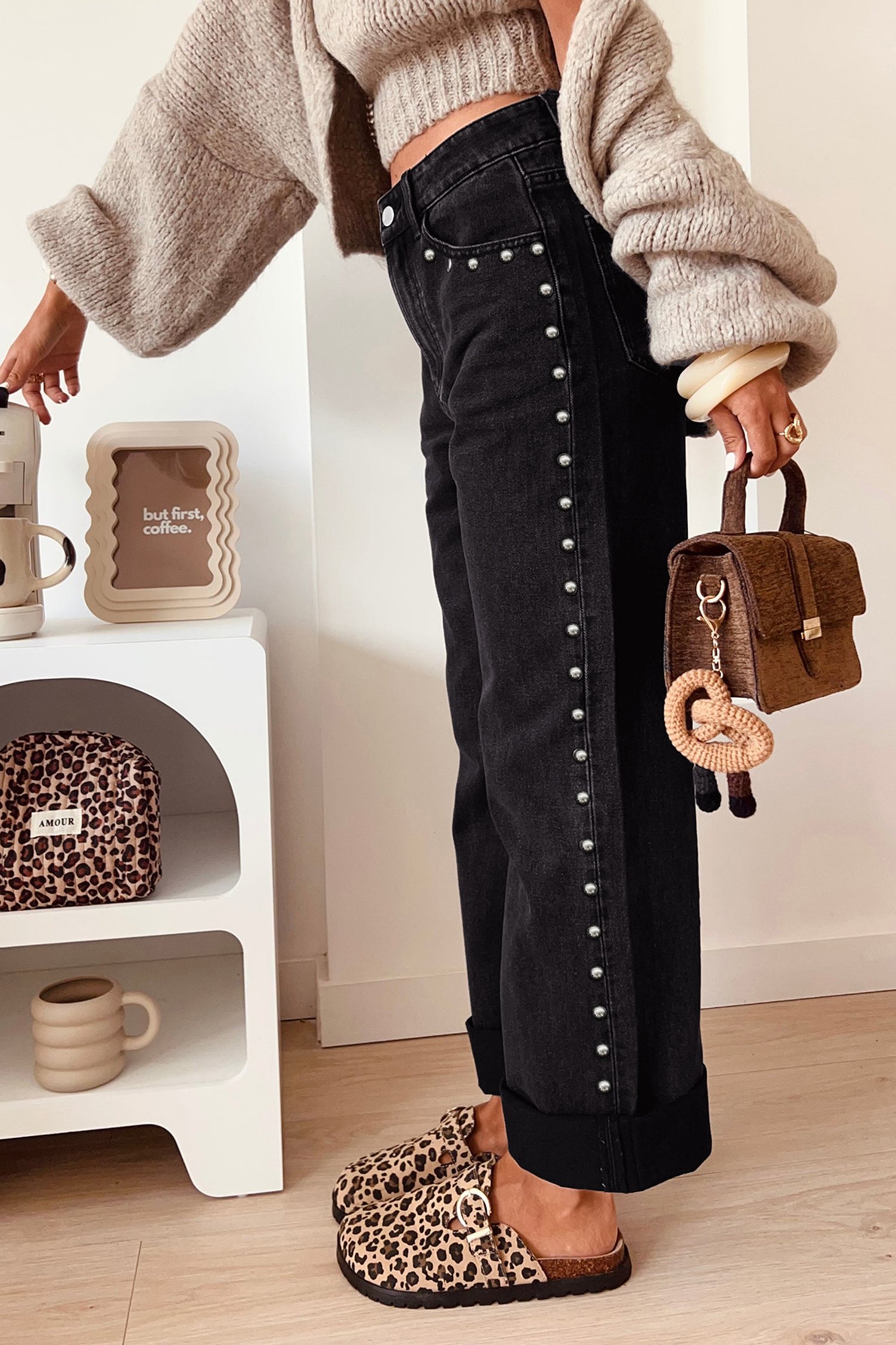 Black Studded Straight Leg Jeans - Image 3