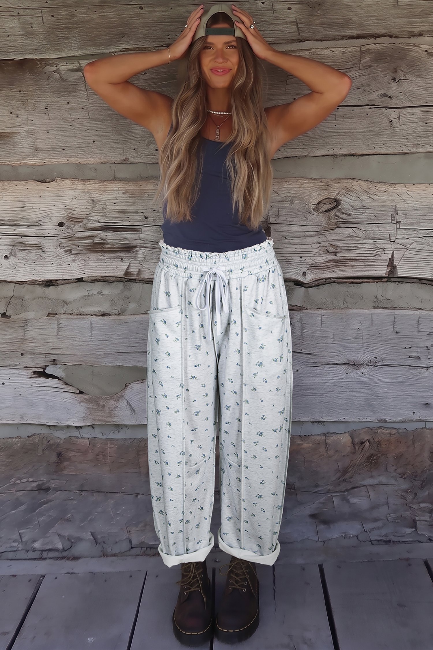 Gray Floral Print Elastic Waist Pants - Image 3