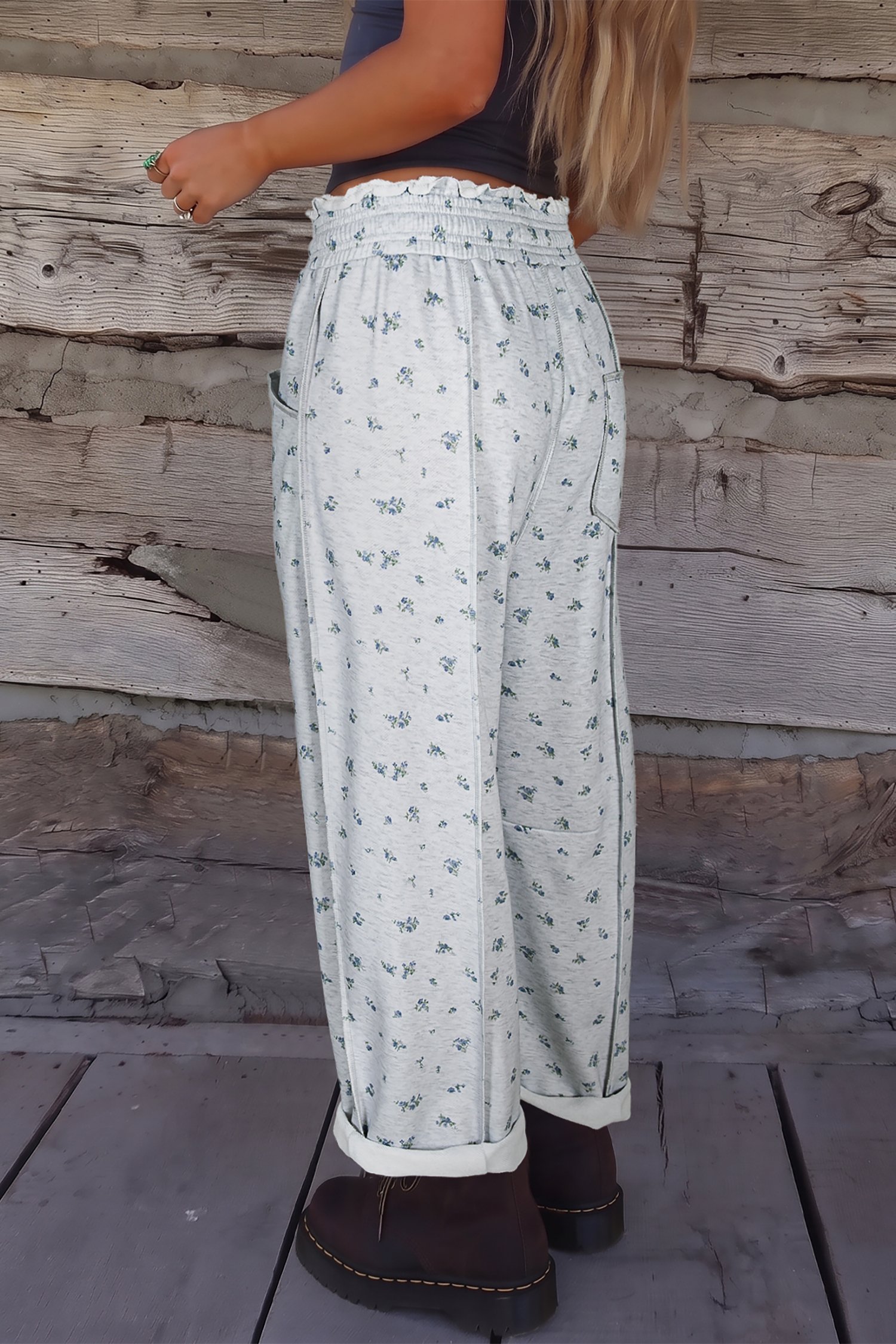 Gray Floral Print Elastic Waist Pants - Image 2