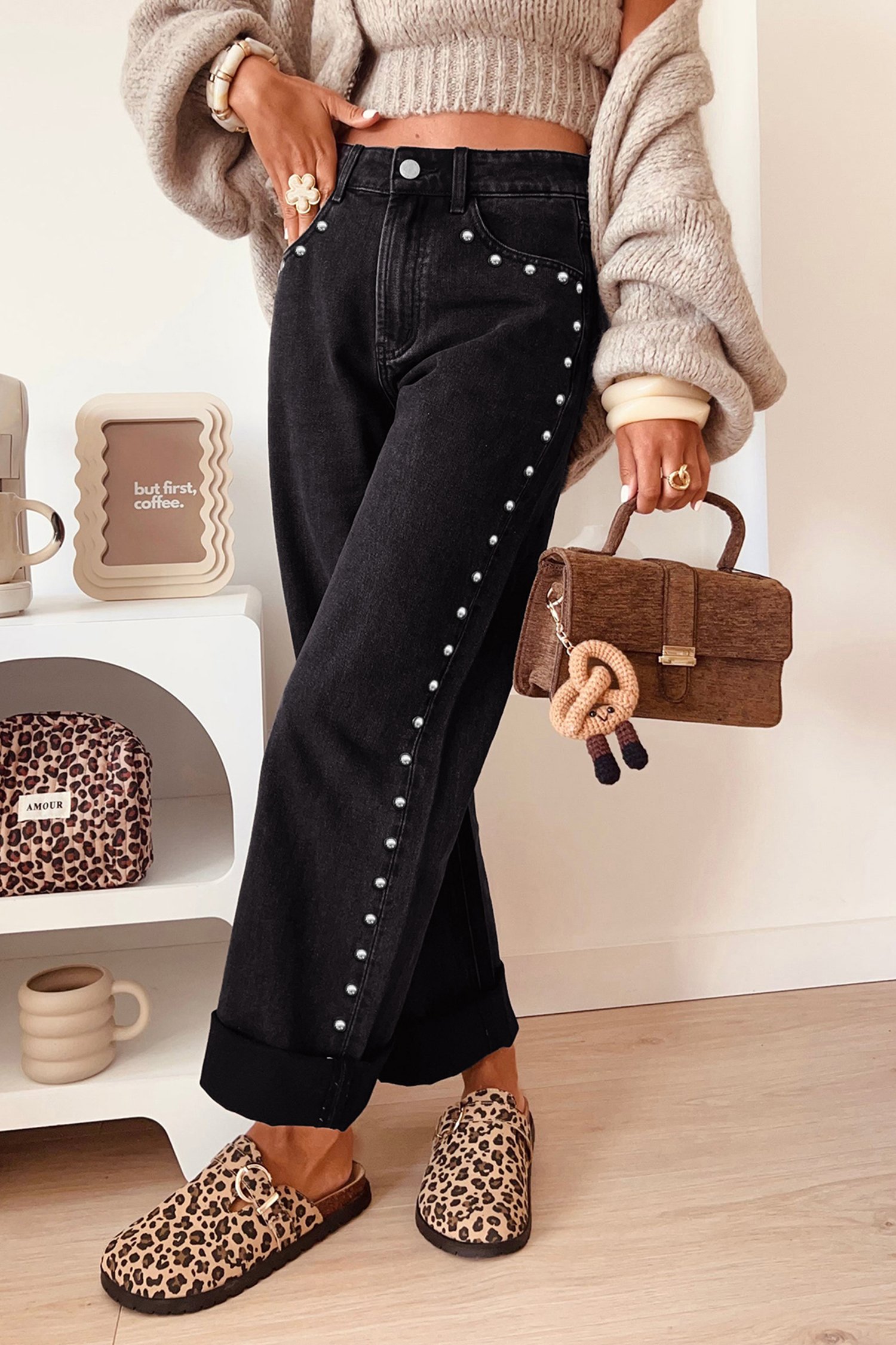 Black Studded Straight Leg Jeans