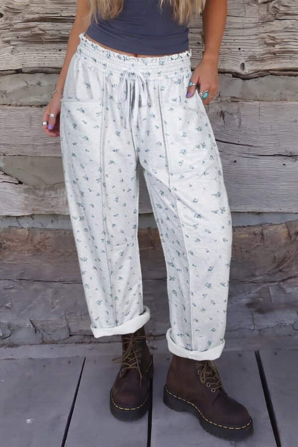 Gray Floral Print Elastic Waist Pants