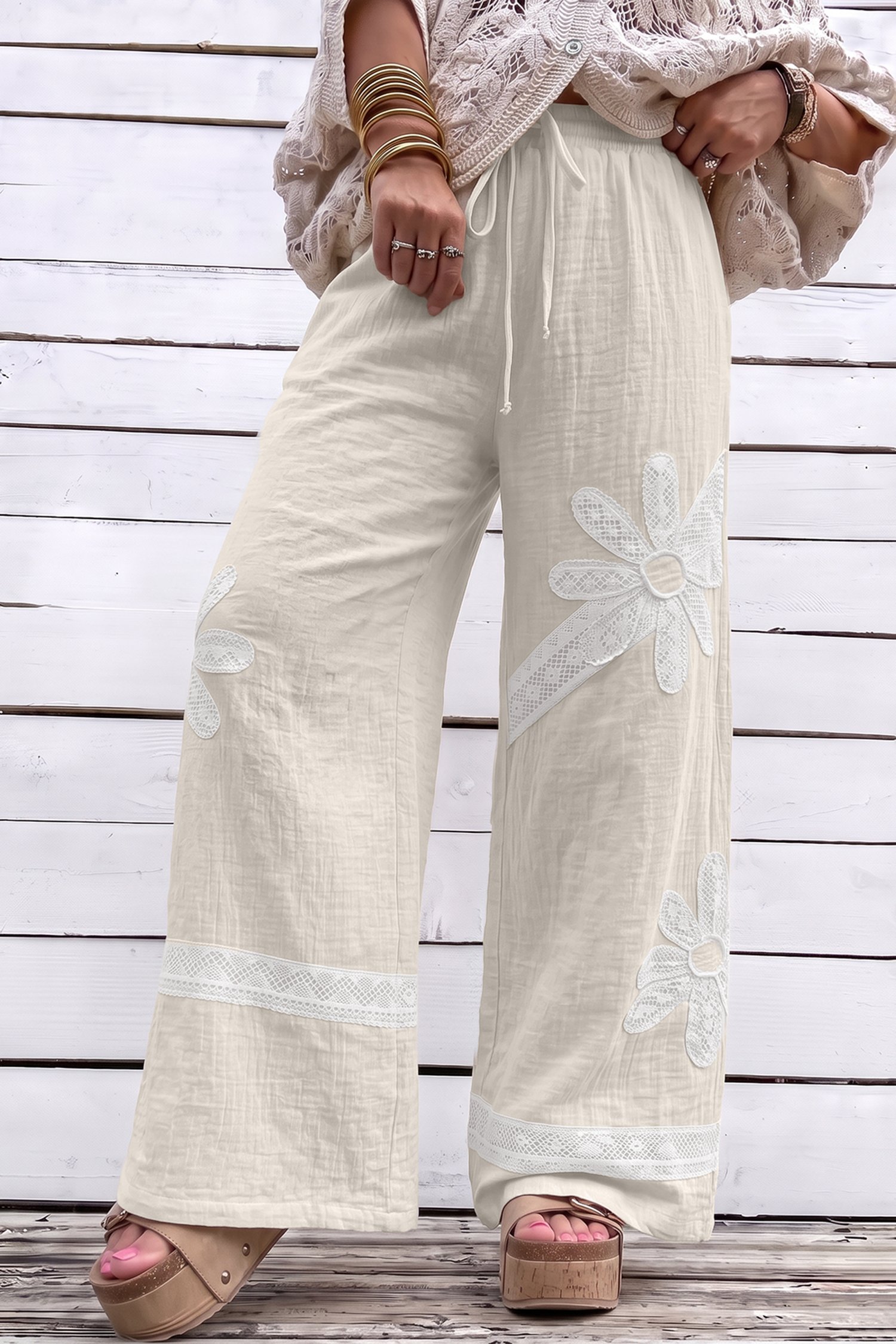 White Floral Lace Wide Leg Pants