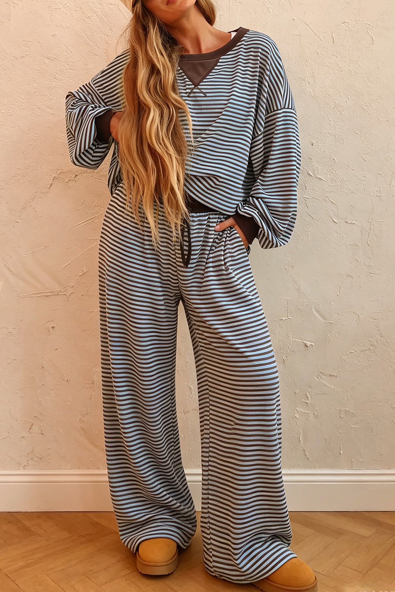 Stripe Drop Shoulder Two Piece Set
