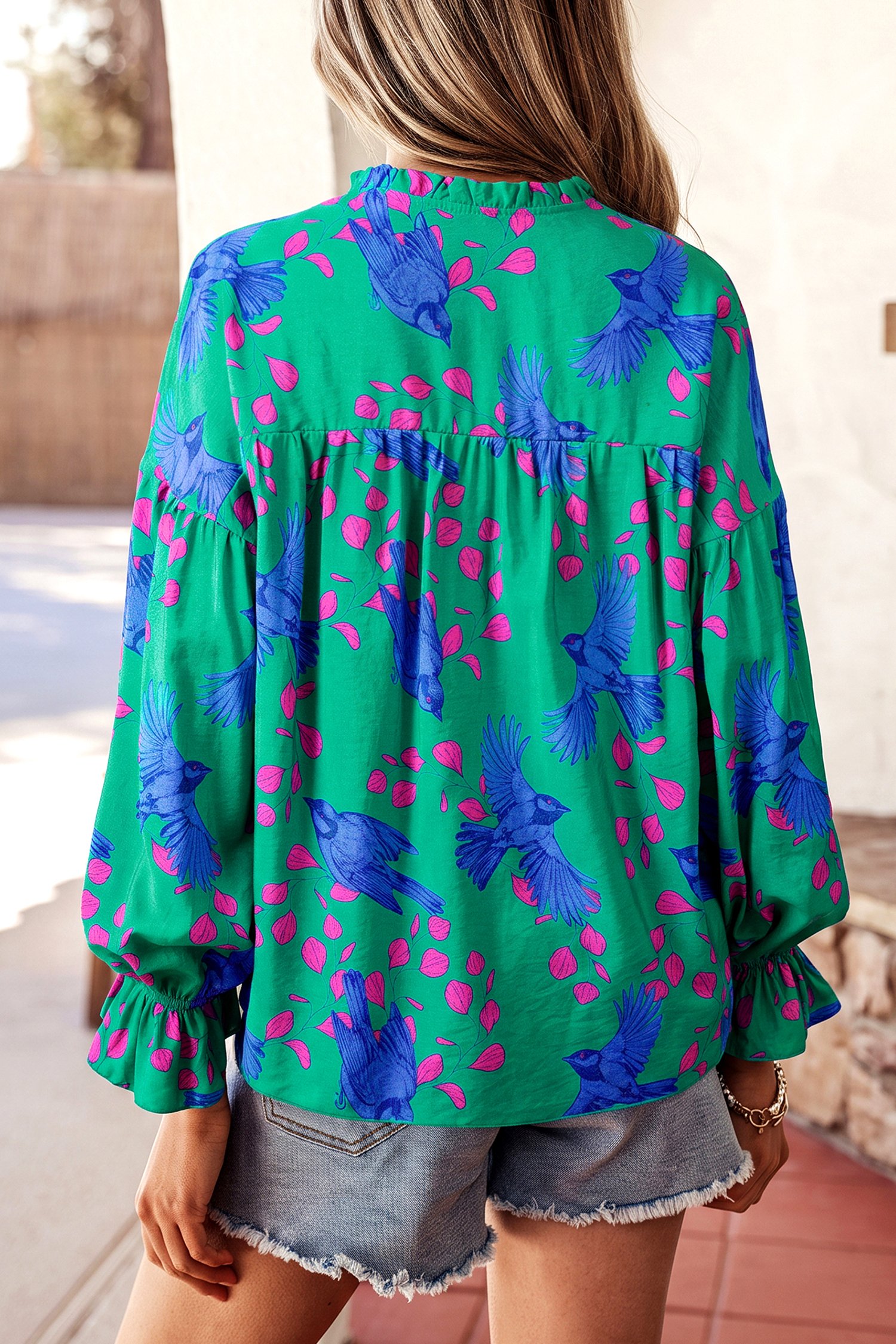 Green Abstract Puff Sleeve Blouse - Image 2