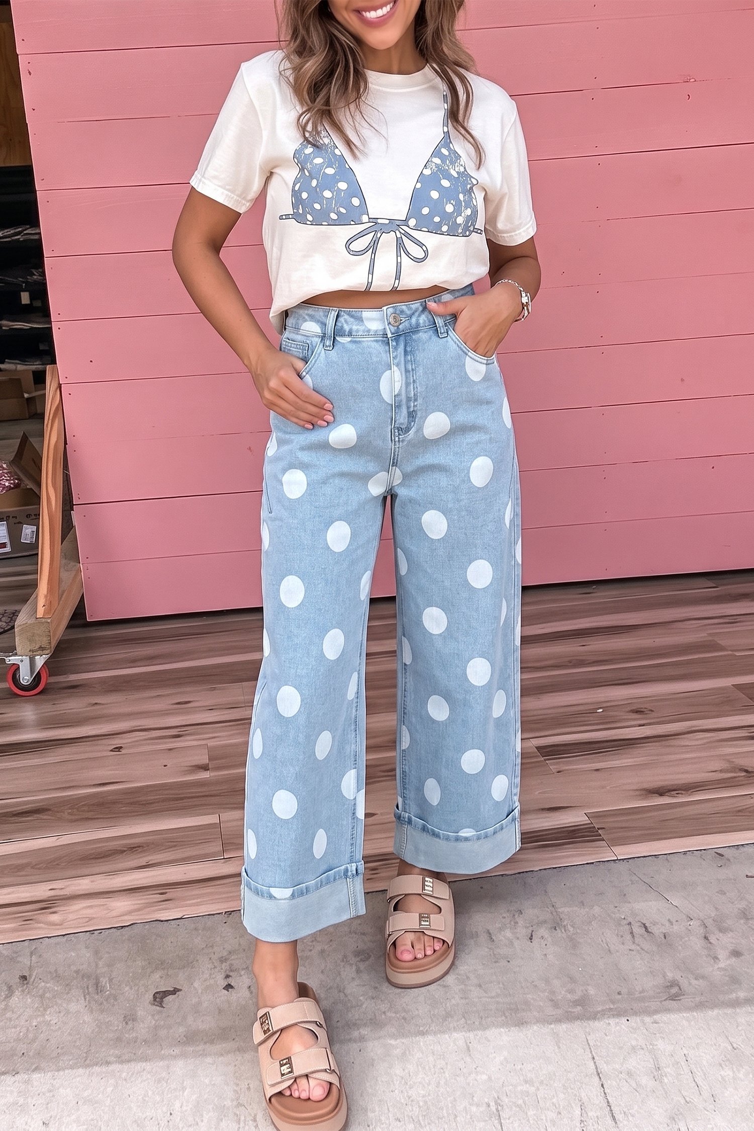 Polka Dot Ankle-Length Jeans - Image 4