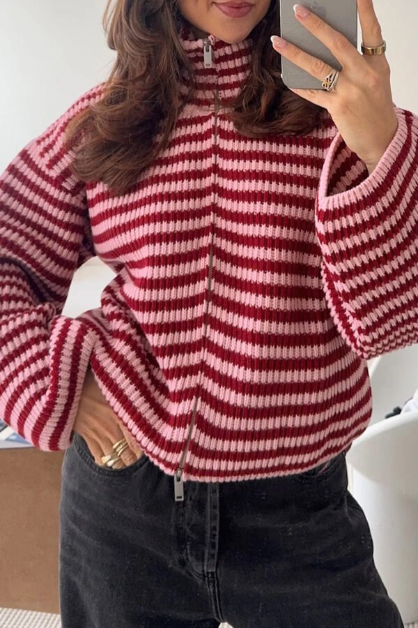 Red Stripe Open Front Cardigan