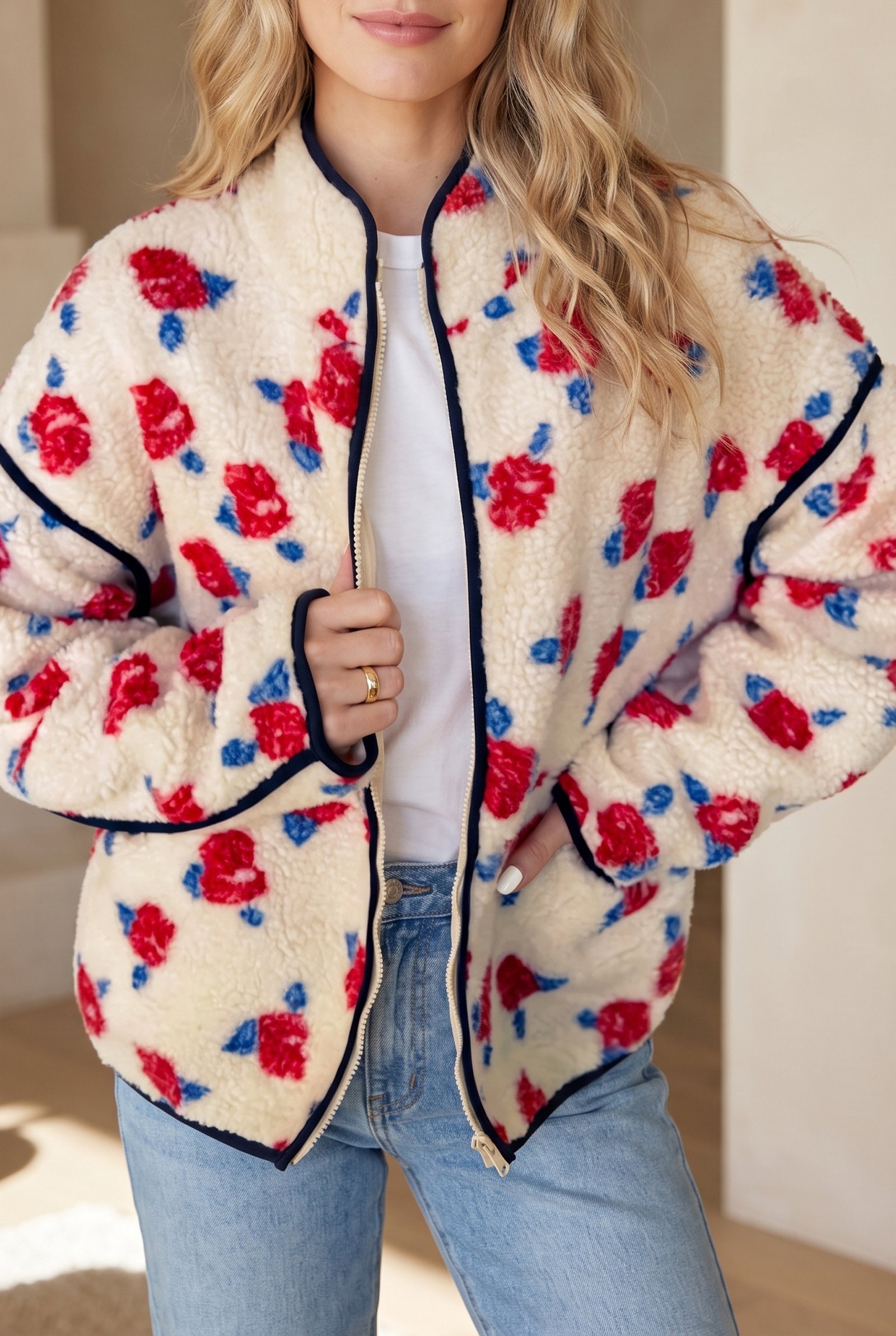 Floral Print Fleece Coat